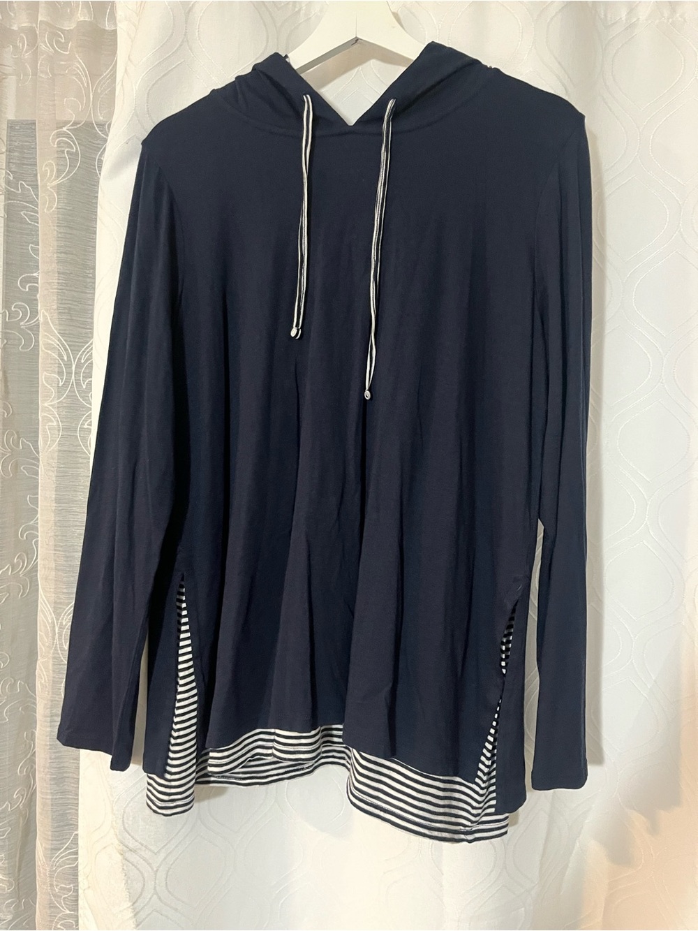 J. jill Navy blue lightweight Hooded Long-Sleeve Tunic with Striped Hem.
